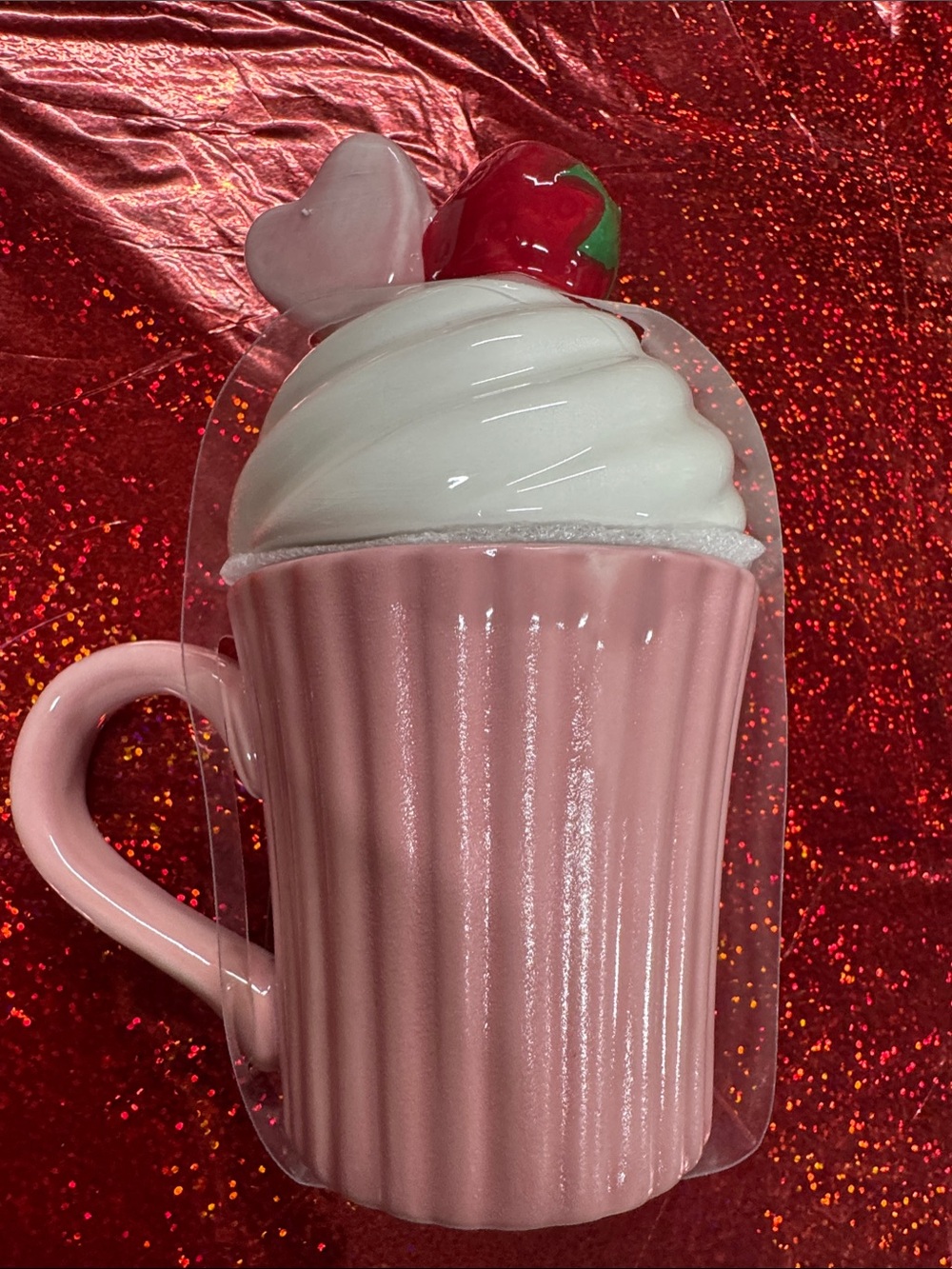Pink Ceramic Mug with Whipped Cream Lid and Strawberry Accent